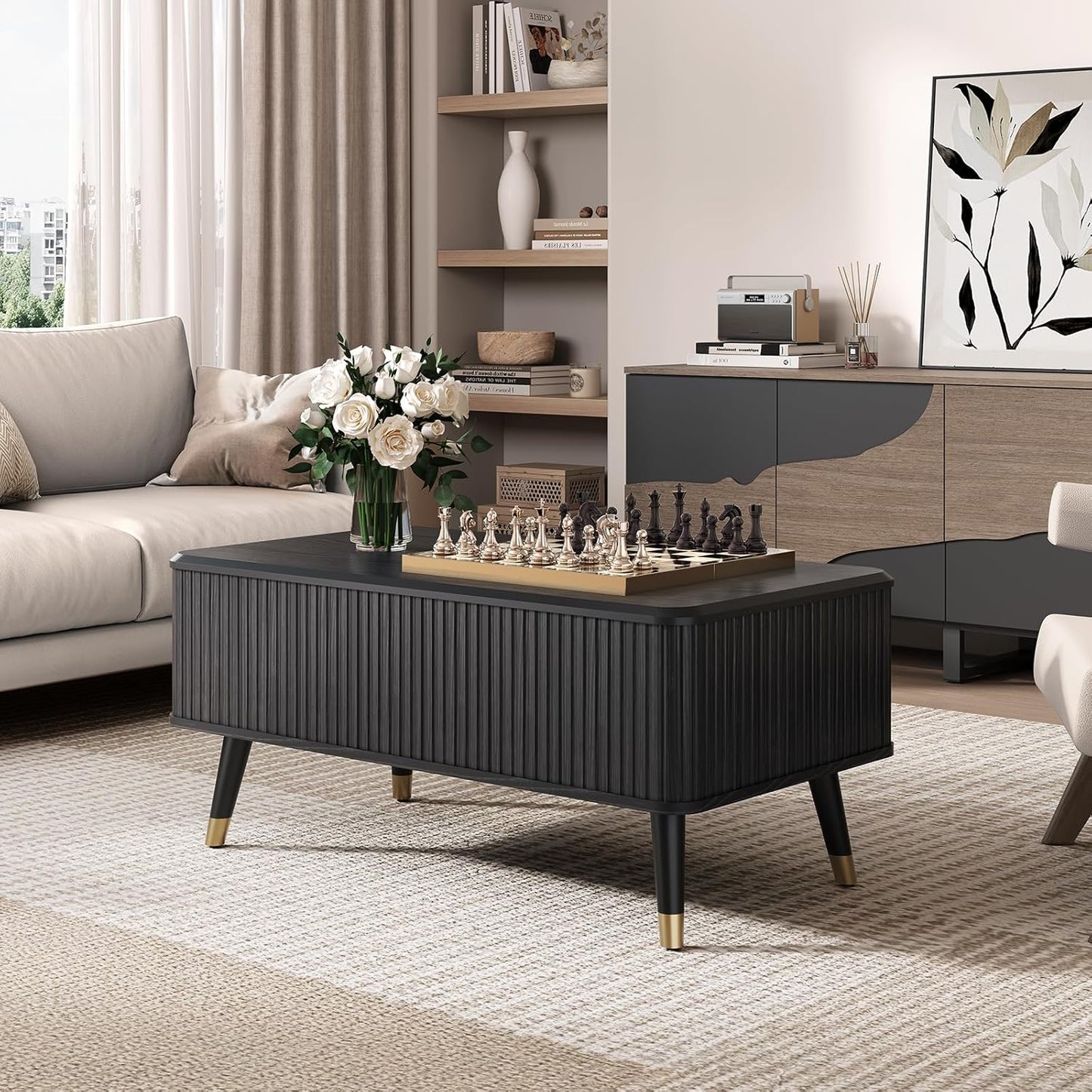 Lift Top Coffee Table with Storage Shelf & Hidden Compartment, Mid Century Modern Fluted Rectangle
