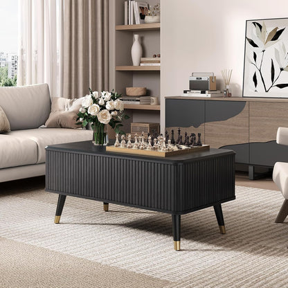 Lift Top Coffee Table with Storage Shelf & Hidden Compartment, Mid Century Modern Fluted Rectangle
