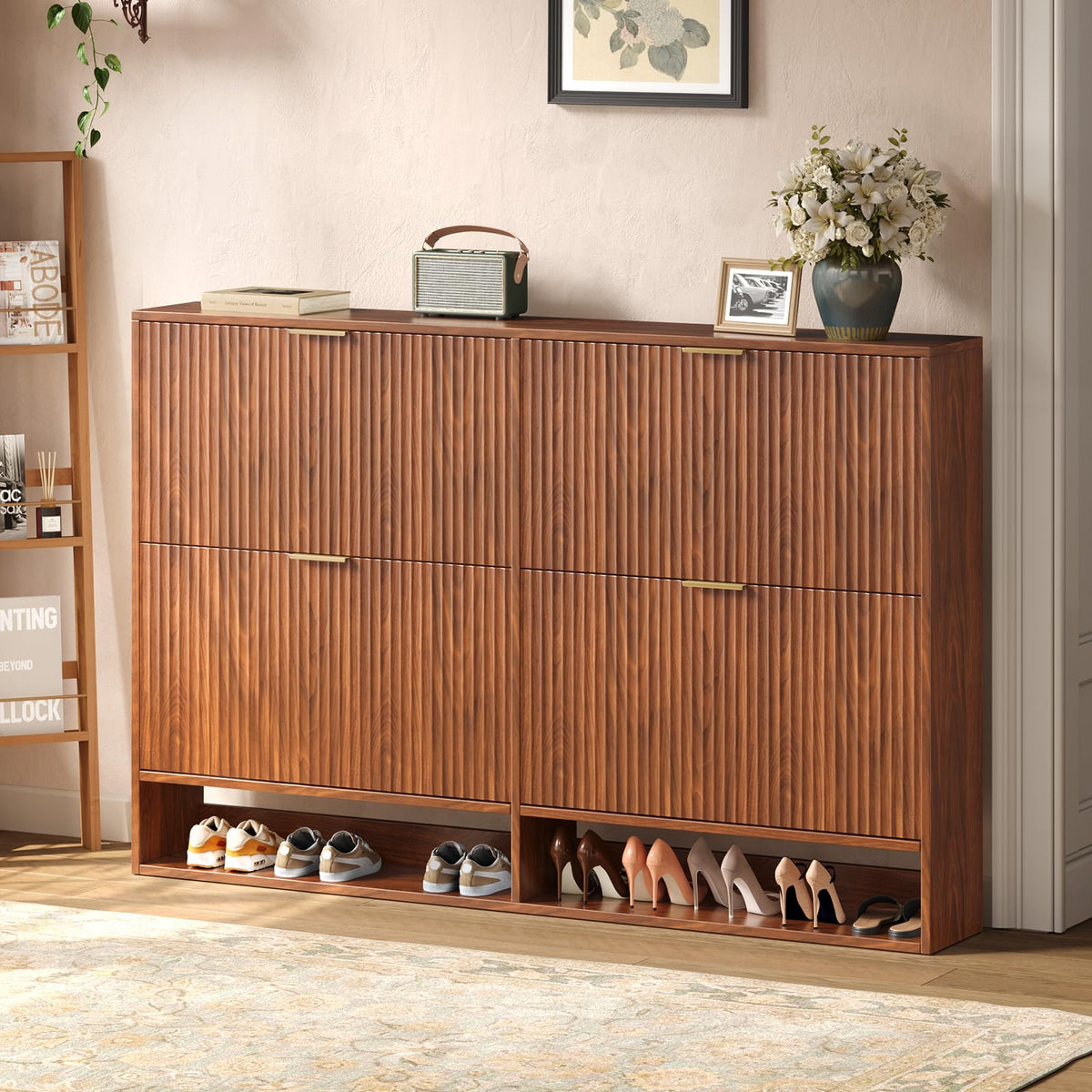 Hootata 47.2''W Walnut Shoe Storage Cabinet for Entryway with 4 Flip Drawers, Fluted Slim Shoe