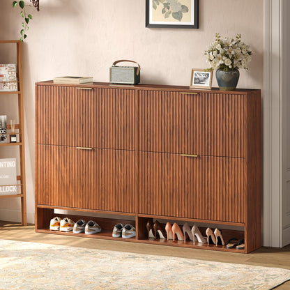 Hootata 47.2''W Walnut Shoe Storage Cabinet for Entryway with 4 Flip Drawers, Fluted Slim Shoe