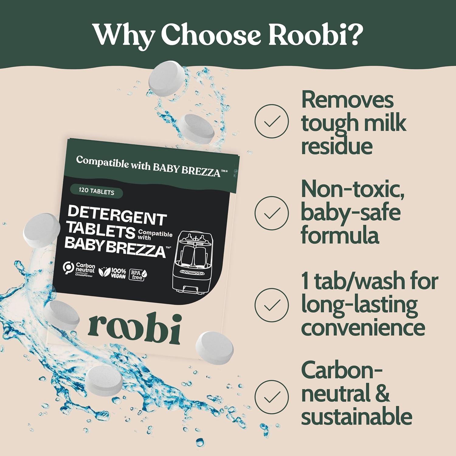 Roobi Detergent Tablets Compatible with Baby Brezza Bottle Washer Pro. Removes Milk Residue & Odor