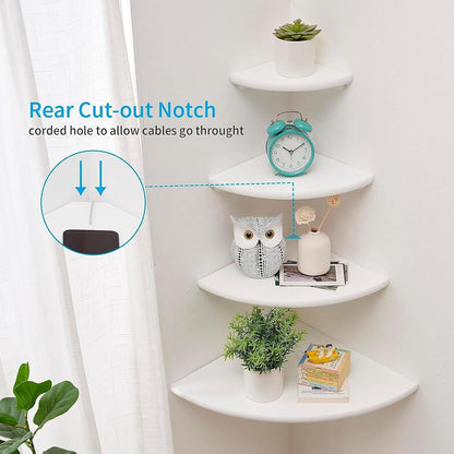 Corner Shelves, Floating Corner Shelf, Set of 2 White Solid Oak Wood Wall Shelves, Round End Wall