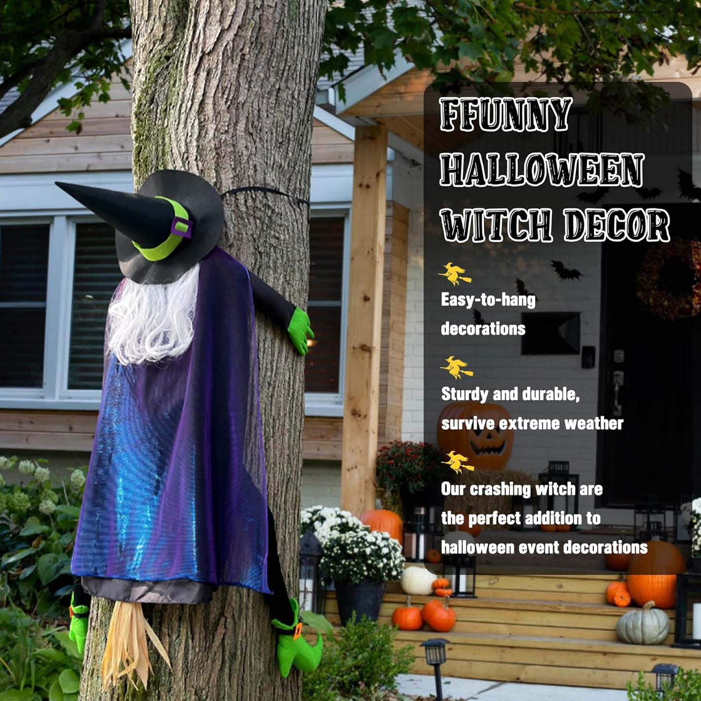 POPGIFTU 64" Large Crashing Witch into Tree Halloween Outdoor Decoration – Funny Flying Witch Yard