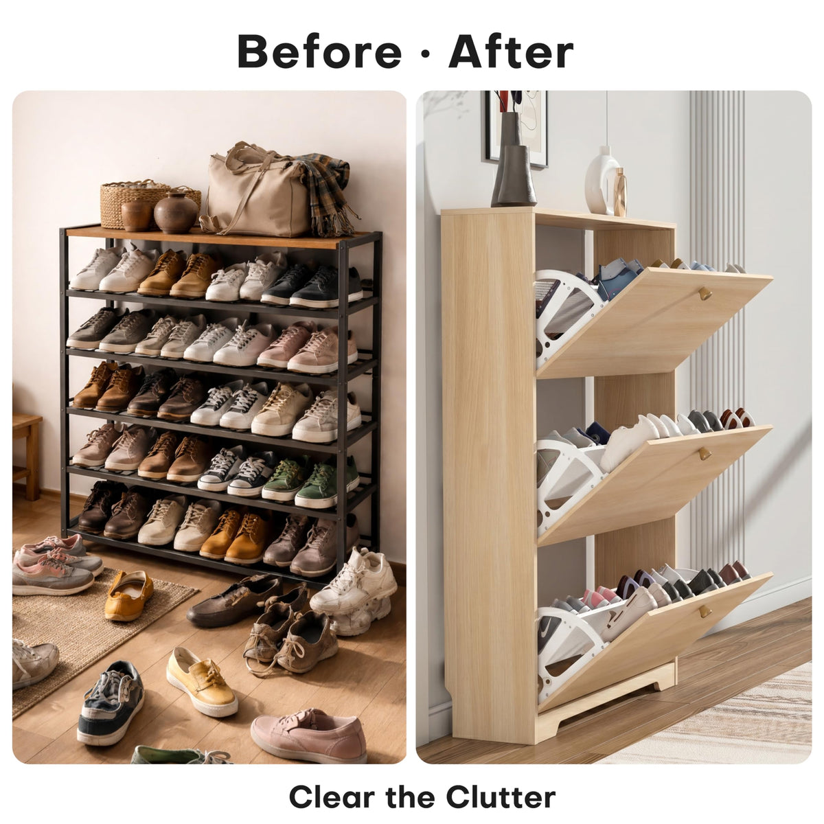 Nicetree Shoe Cabinet with 3 Flip Drawers, Entryway Storage, Natural Oak