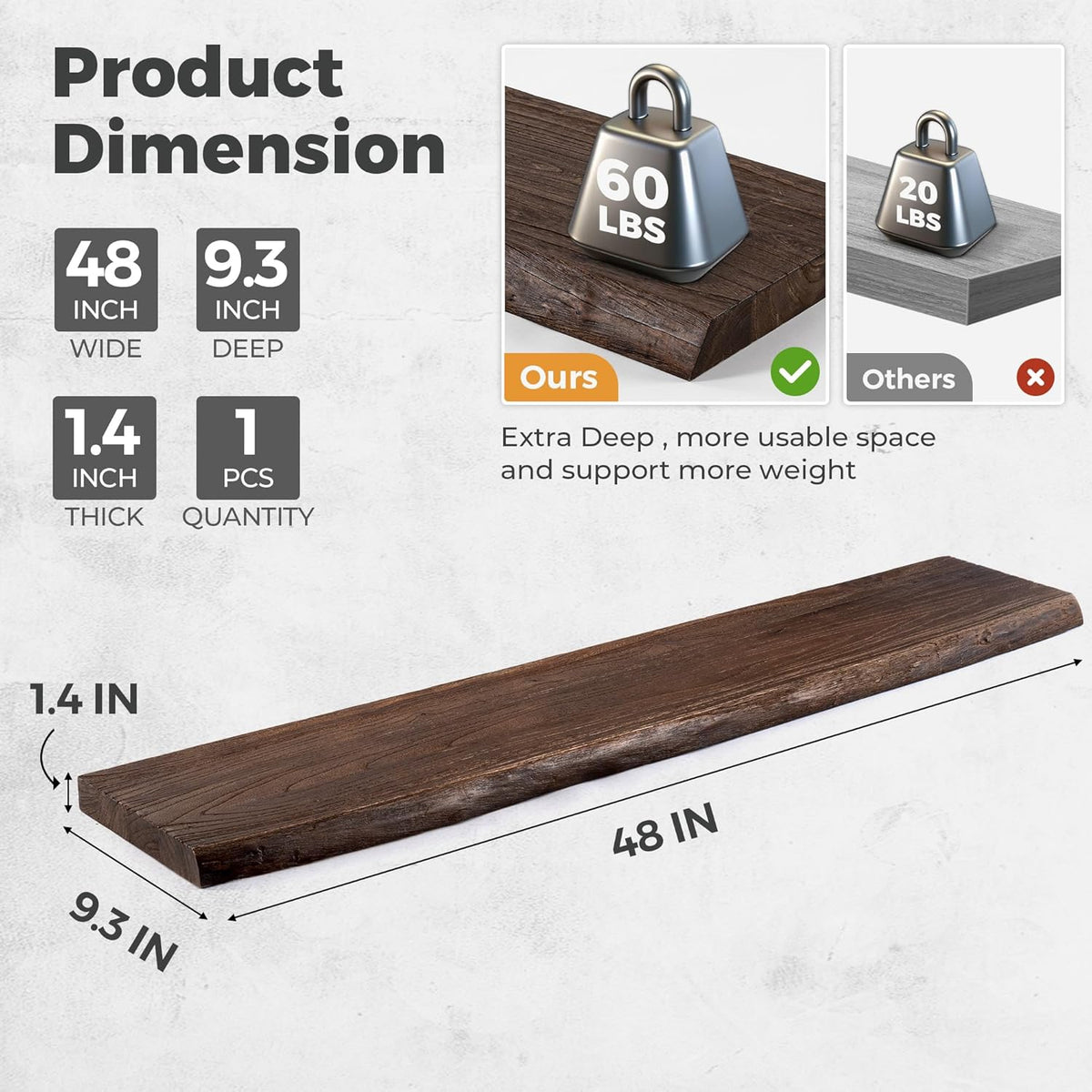 RICHFOCUS Live Edge Elm Floating Shelves - 48" W x 9.3" D Rustic Solid Wood Wall Shelves with