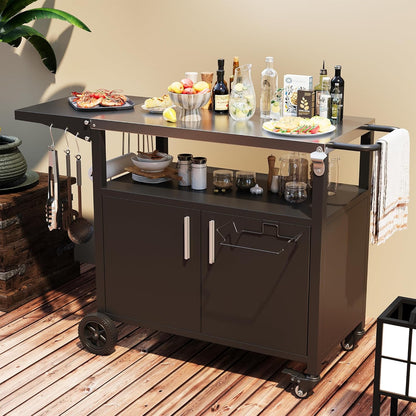 Vongrasig Grill Cart with Storage, Outdoor Bar Cart Rolling BBQ Cart Movable Pizza Oven Table Stand
