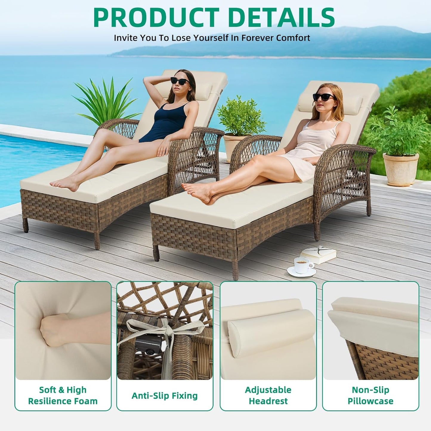 VIVIJASON Outdoor Wicker Chaise Lounge Chair, All-Weather PE Rattan Cushioned Patio Lounger Chair