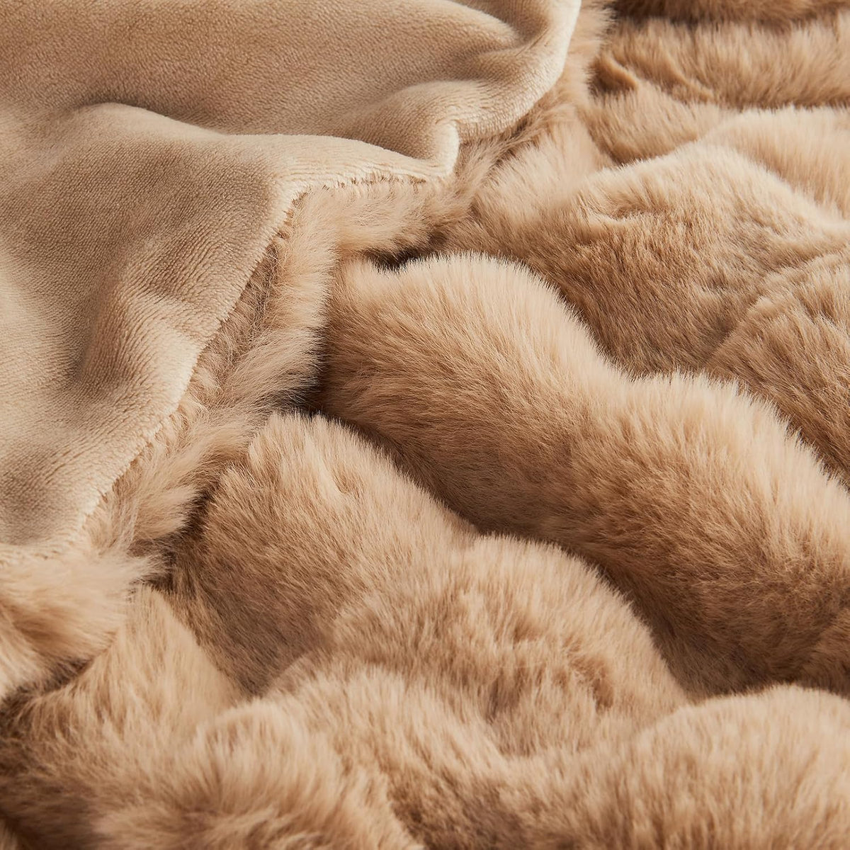 Lotus Karen King Size Faux Fur Blanket Khaki - Big Bubble Rabbit Fluff Blanket for Bed, Large