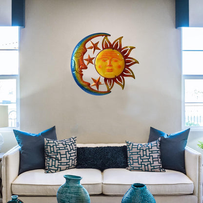 Metal Larger Size 29 Inch Sun Outdoor Wall Art Decor with Moon & Stars,Hanging for Indoor Outdoor