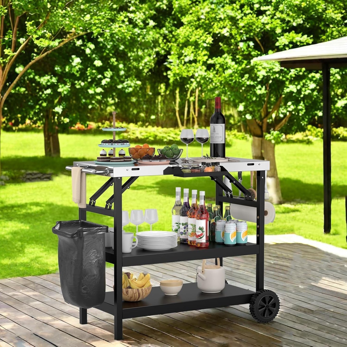 ERGOMASTER Grill Table Cart, Outdoor Kitchen Island with 4-Position Adjustable Shelf, Stainless
