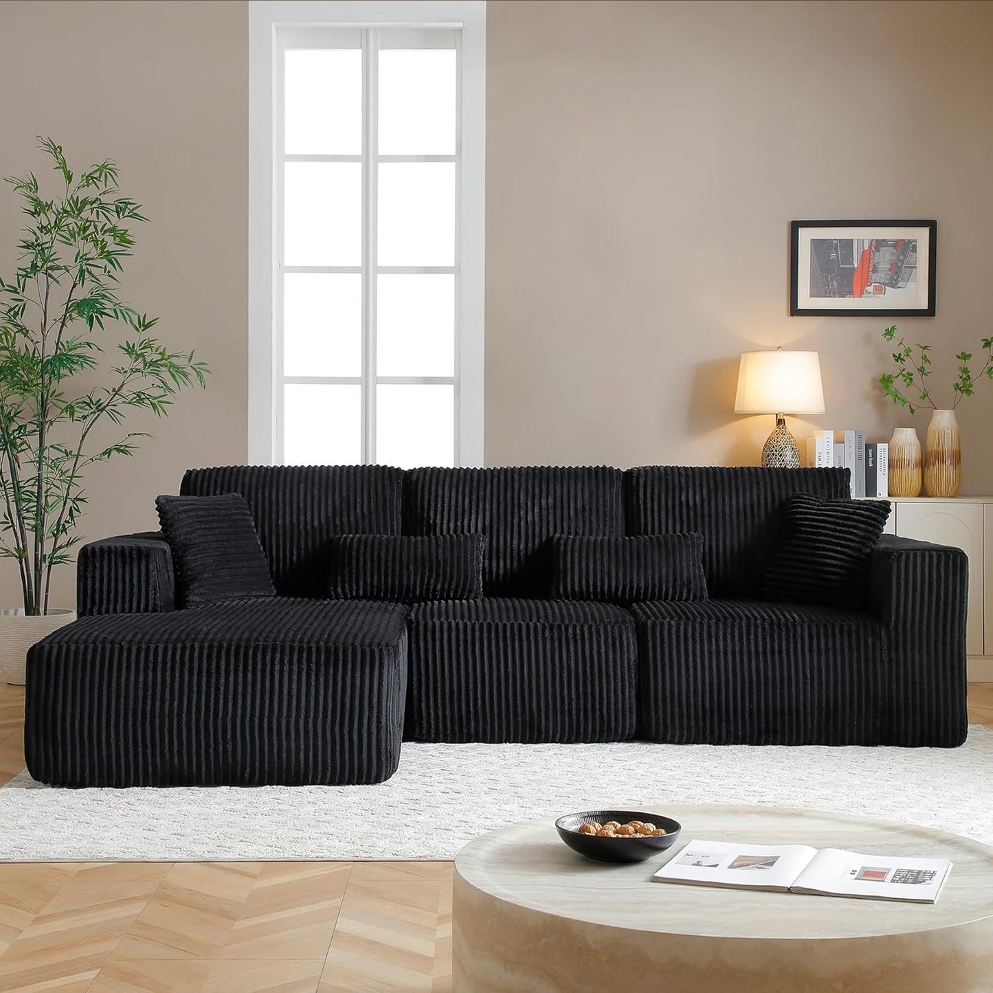 HYJT-H&K Modular Sectional Sofa Cloud Sectional Couch, 107" Comfy Fluffy L Shaped Dark Black