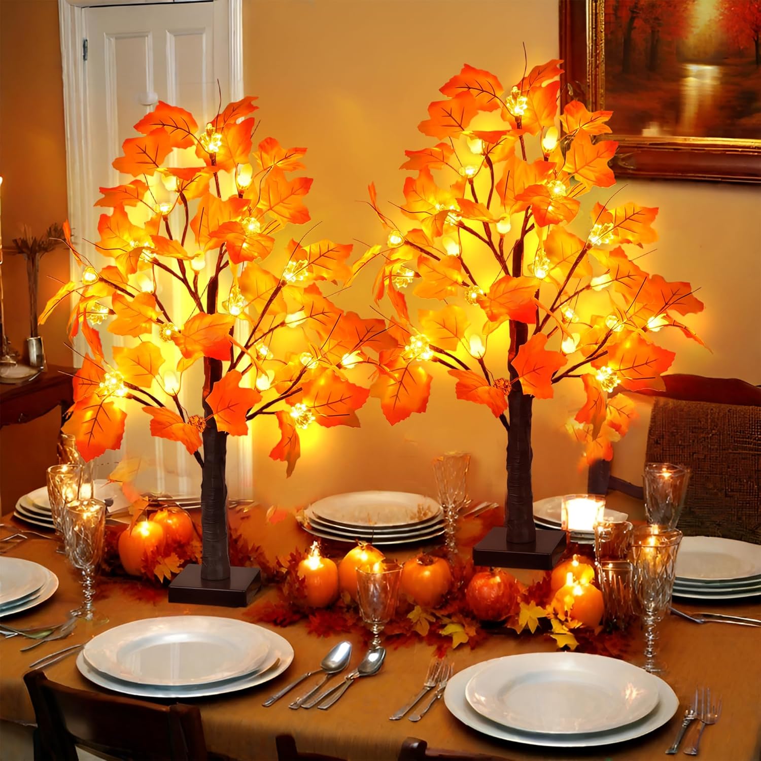 2 Pack 24 Inch Prelit Fall Maple Tree Fall Decor with 48 LED Timer Battery Operated Artificial Fall
