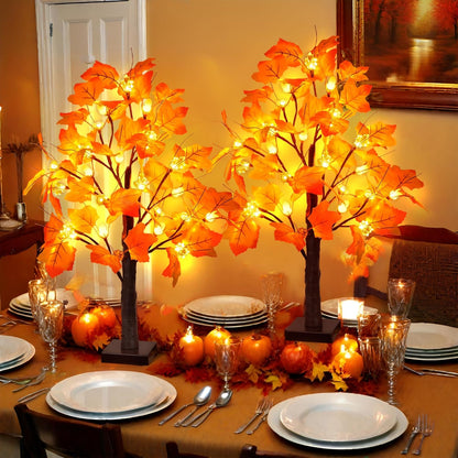 2 Pack 24 Inch Prelit Fall Maple Tree Fall Decor with 48 LED Timer Battery Operated Artificial Fall