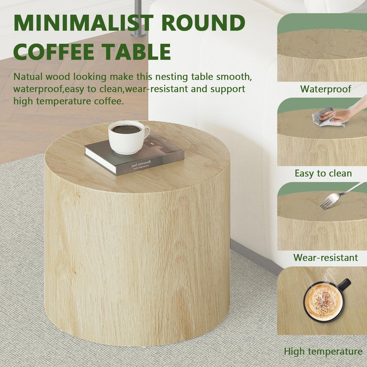 Vikiullf Nesting Coffee Table Set of 3, Round Wooden Coffee Tables, Modern Circle Table for Living