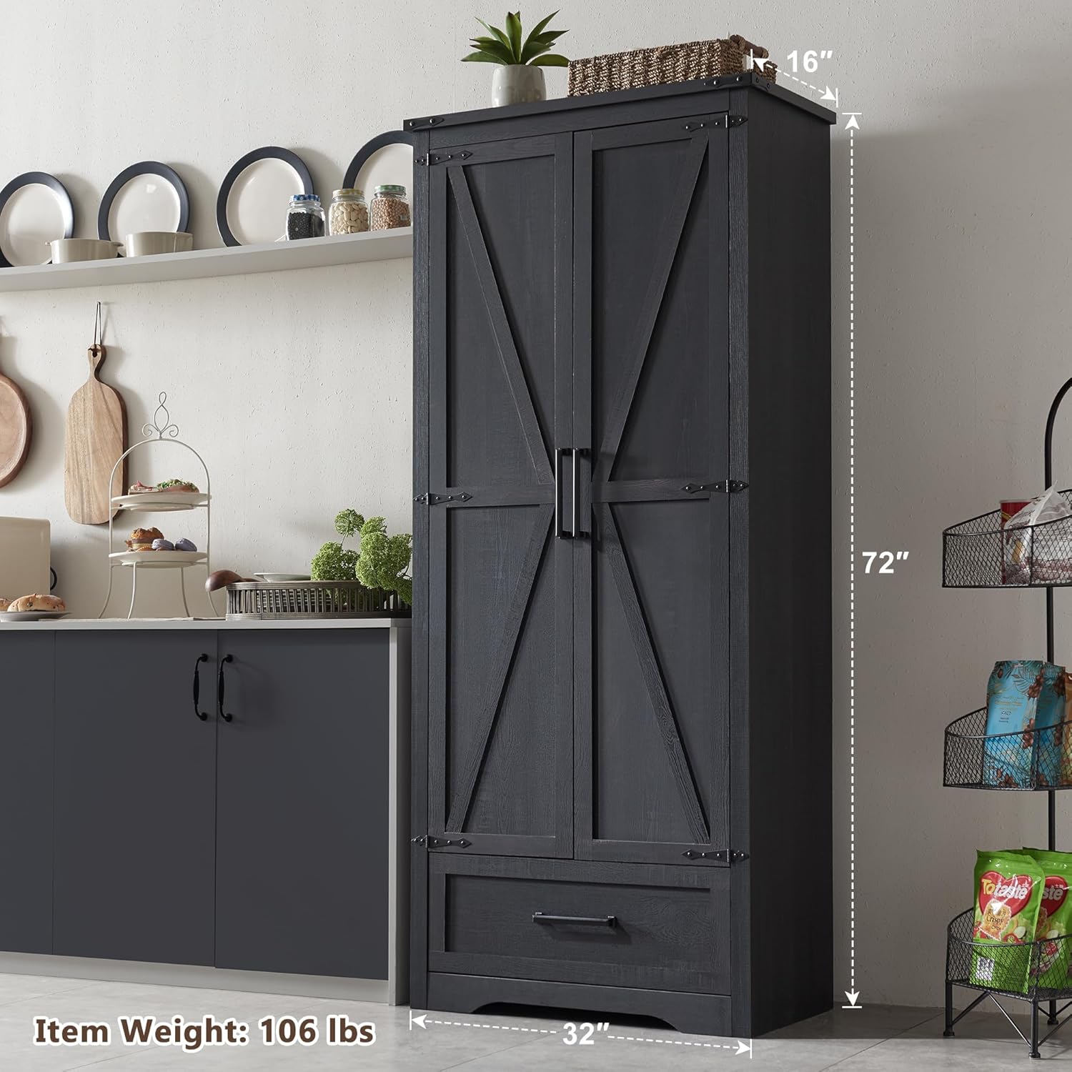72" Tall Wood Storage Cabinet, Farmhouse Kitchen Pantry Cabinet with Adjustable Shelves & Drawer &