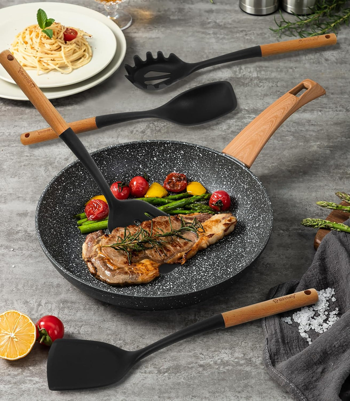 Silicone Cooking Utensils Set, 6 Pack Large Kitchen Utensils Set with Wooden Handle, Heat Resistant
