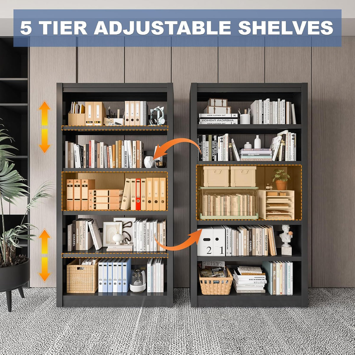 Metal Bookshelf Adjustable - 61" Tall Black Bookcase, 5 Tier Book Shelf, Tooless Assembly Book