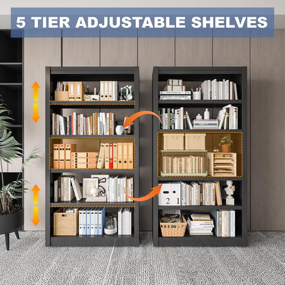 Metal Bookshelf Adjustable - 61" Tall Black Bookcase, 5 Tier Book Shelf, Tooless Assembly Book