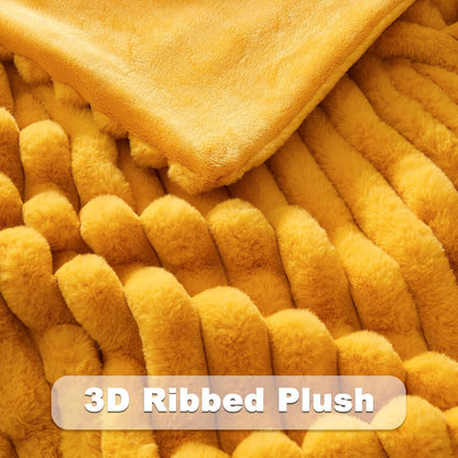 NEWCOSPLAY Faux Fur Throw Blanket Mustard Yellow 3D Ribbed Plush Thick Warm Blanket for Couch Sofa