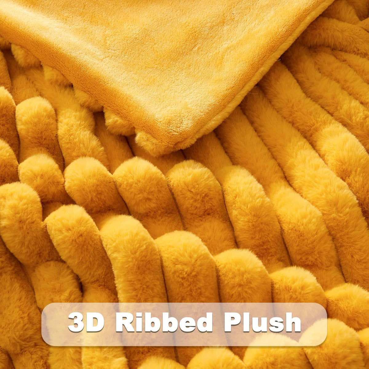 NEWCOSPLAY Faux Fur Twin Blanket Mustard Yellow 3D Ribbed Plush Thick Warm Blanket for Couch Sofa
