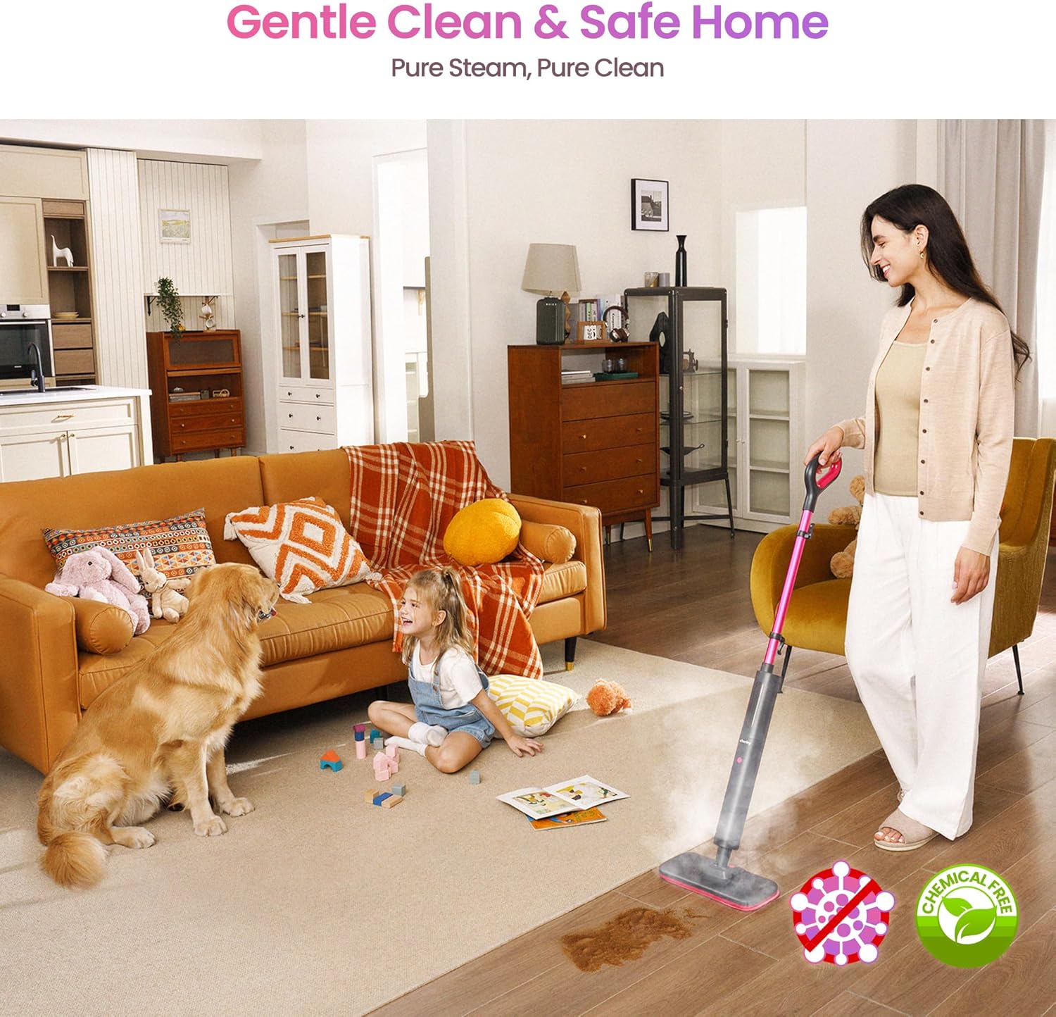 Schenley Steam Mop Cleaner Powerful - 15s Fast Heat-Up, Chemical-Free for Hardwood/Tile/Laminate &