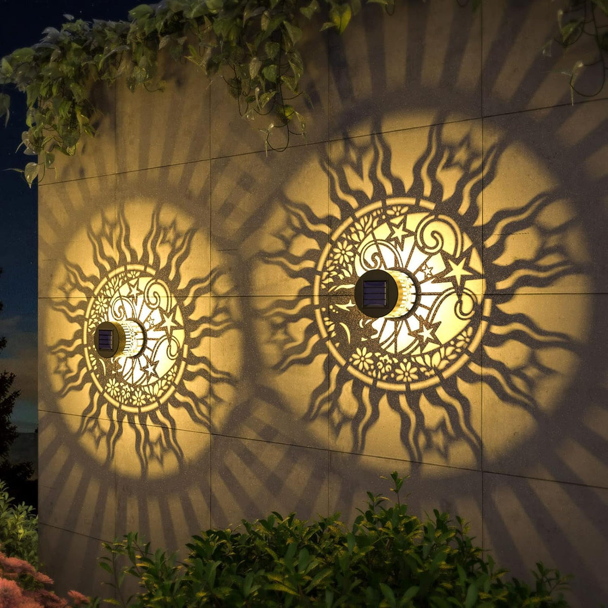 4 Pack Solar Fence Lights Metal Solar Powered Outdoor Wall Deck Lights Sun Moon Theme Waterproof