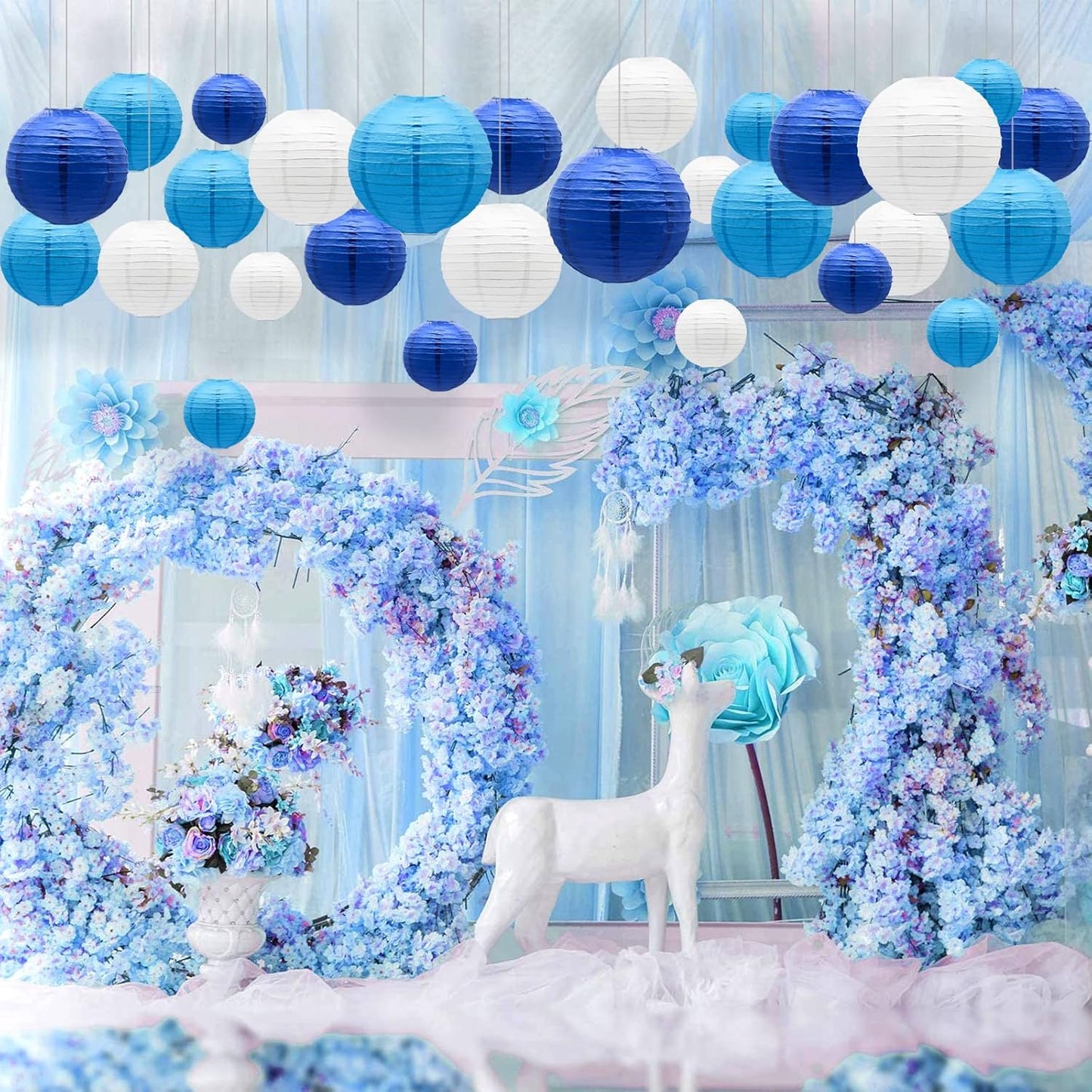 ADLKGG Blue Paper Lanterns Decorative, Hanging Round Paper Lantern Party Supplies for Anniversary