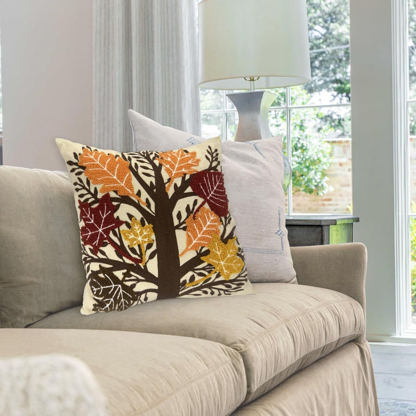 Alysheer Embroidered Fall Decorative Throw Pillow Cover 18"x 18", Boho Farmhouse Cottage Tufted
