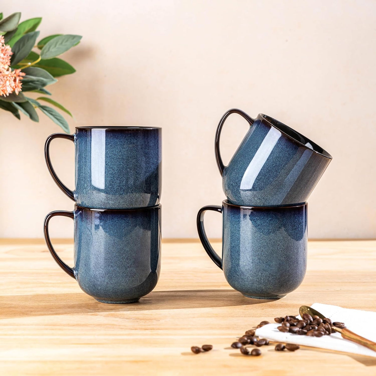 LERATIO Ceramic Dinnerware Sets for 4,16-Piece Reactive Glaze Plates and Bowls Set with Mugs,Highly