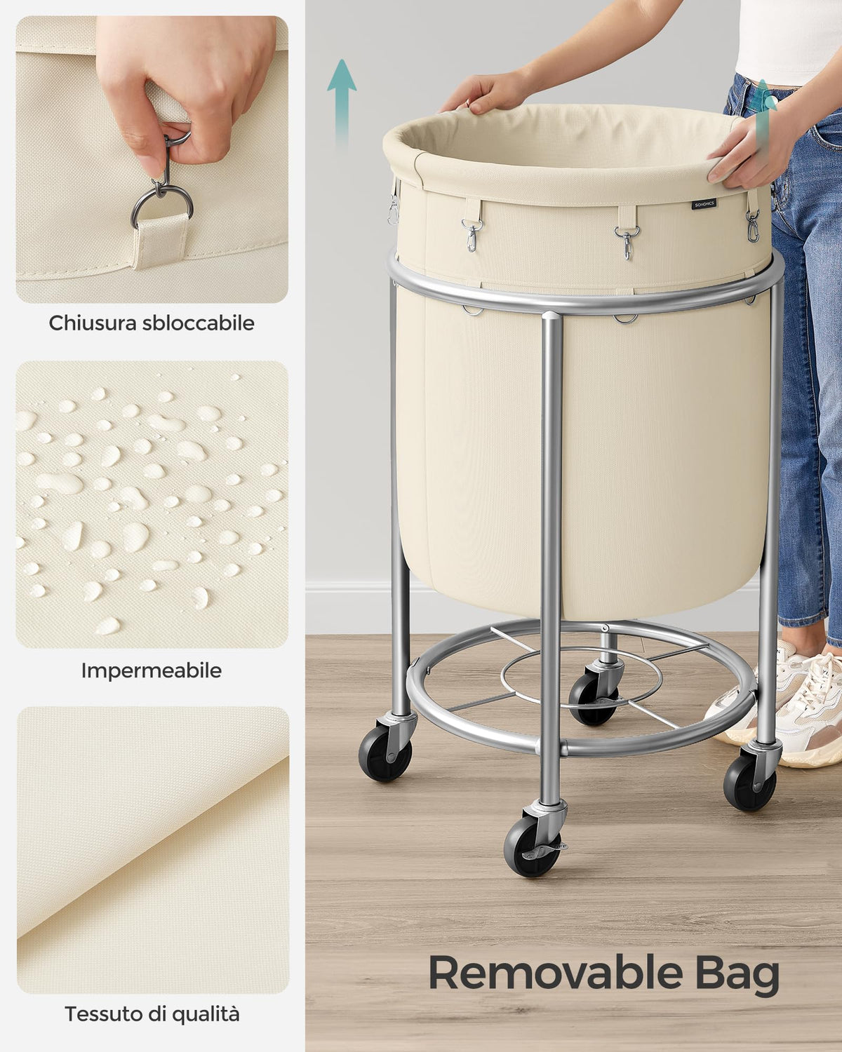 SONGMICS Laundry Basket with Wheels, 29 Gal., Steel Frame, Removable Bag