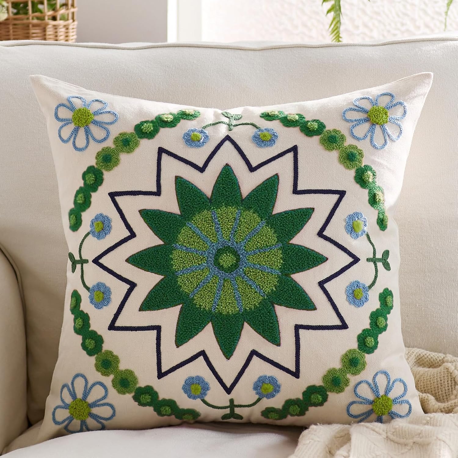 Embroidered Throw Pillow Cover 18x18 Classic Boho Floral Pattern Pillows Cover Outdoor Decorative