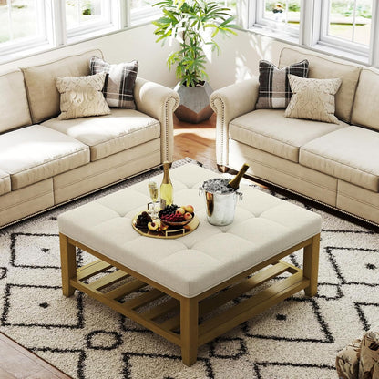 Large Square Ottoman Coffee Table, Linen Solid Upholstered Footrest Ottoman with Solid Wood Shelf
