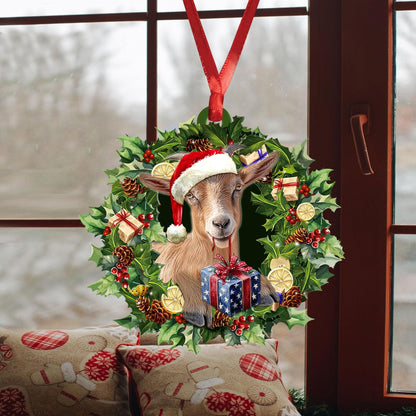 Talataca Goat Wearing A Christmas Hat Wreath Farm Lover 2D Flat Car Rear View Mirror Accessories