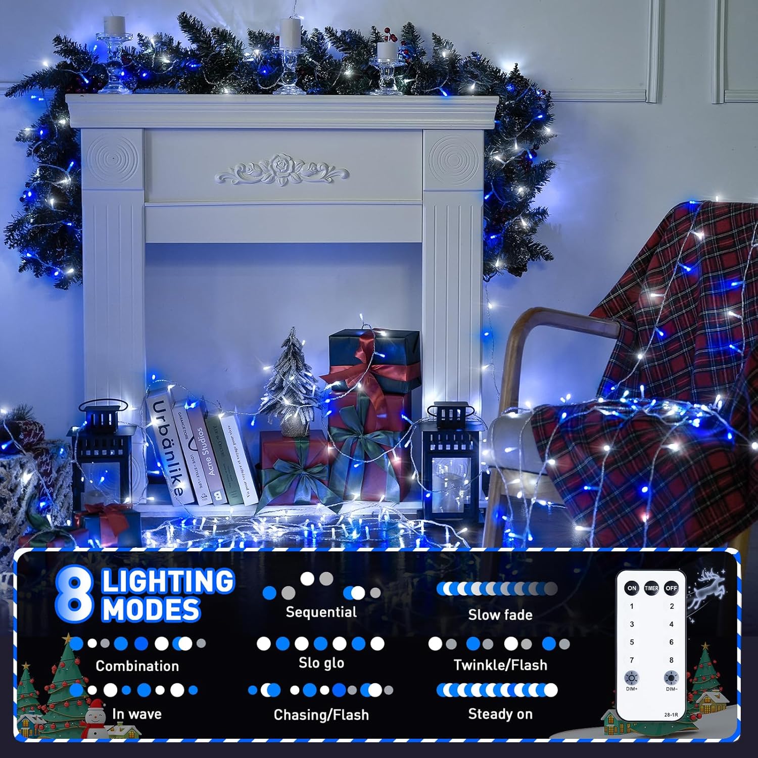 JMEXSUSS Connectable Blue and White Christmas Lights, 8 Modes 100 LED Twinkle String Lights Indoor