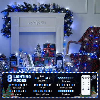 JMEXSUSS Connectable Blue and White Christmas Lights, 8 Modes 100 LED Twinkle String Lights Indoor