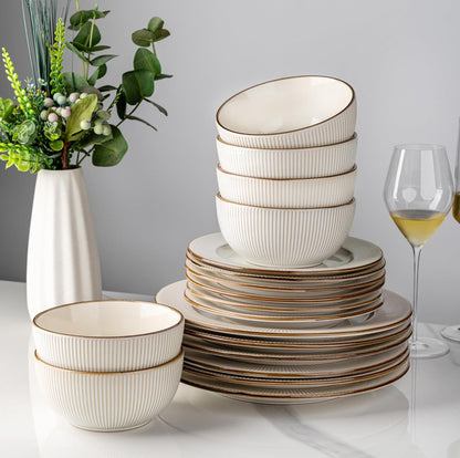 GBHOME Ceramic Dinnerware Sets,18 pcs Embossed Elegant Stoneware Plates and Bowls Sets