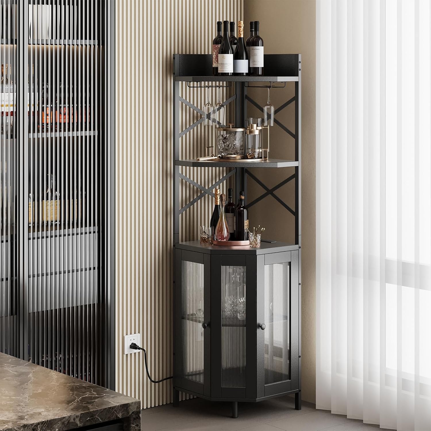 Corner Bar Cabinet with Power Outlet, 5-Tier Corner Wine Cabinet with Led Strip and Glass Holder