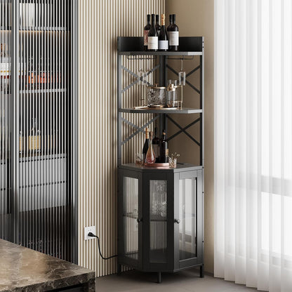 Corner Bar Cabinet with Power Outlet, 5-Tier Corner Wine Cabinet with Led Strip and Glass Holder