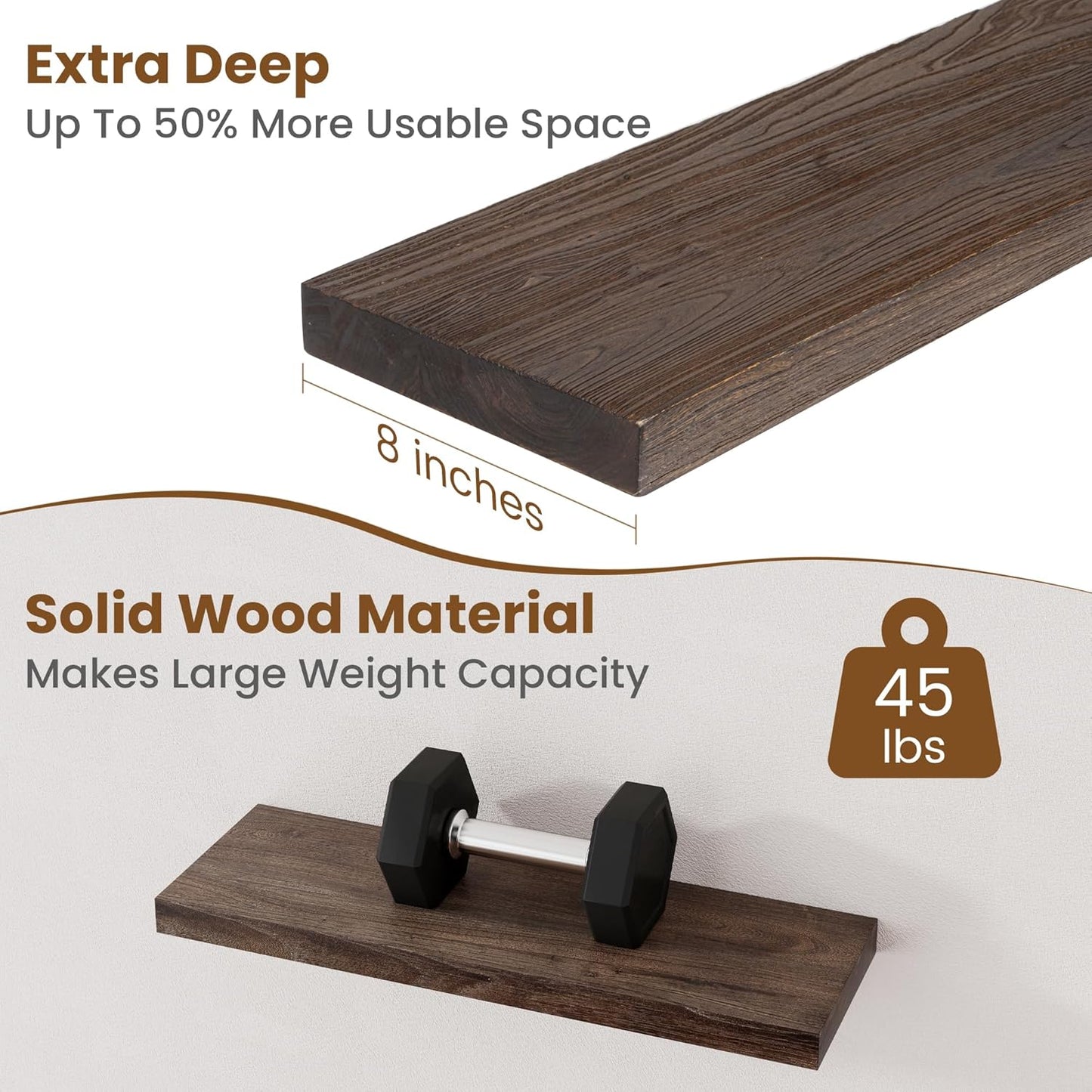 Floating Shelves for Wall Decor, 8 Inch Deep Rustic Solid Elm Wood Floating Shelves Wall Mounted
