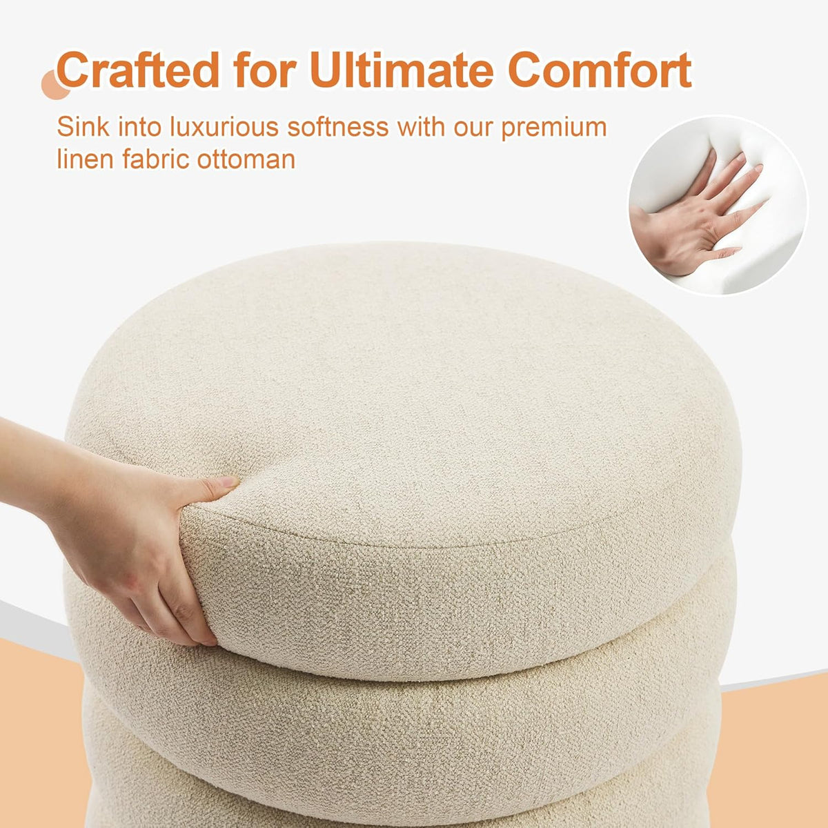 ONEVOG Round Storage Ottoman, 20" Small Ottomans Table with Removable Lid, Linen Fabric Soft