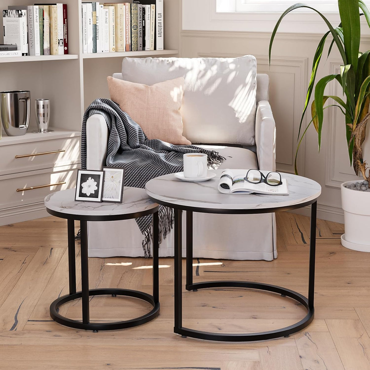 Smuxee White Nesting Coffee Table Set of 2, 23.6" Round Coffee Table Wood Grain Top with Adjustable