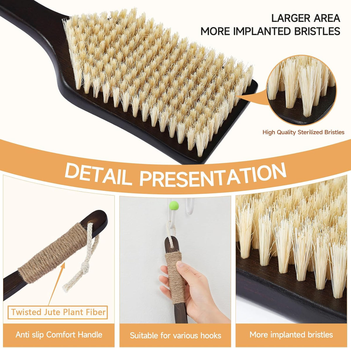 Back Scrubber Shower Brush,Dry Brushing Body Brush with 17.7 Inch Curved Long Handle, Natural