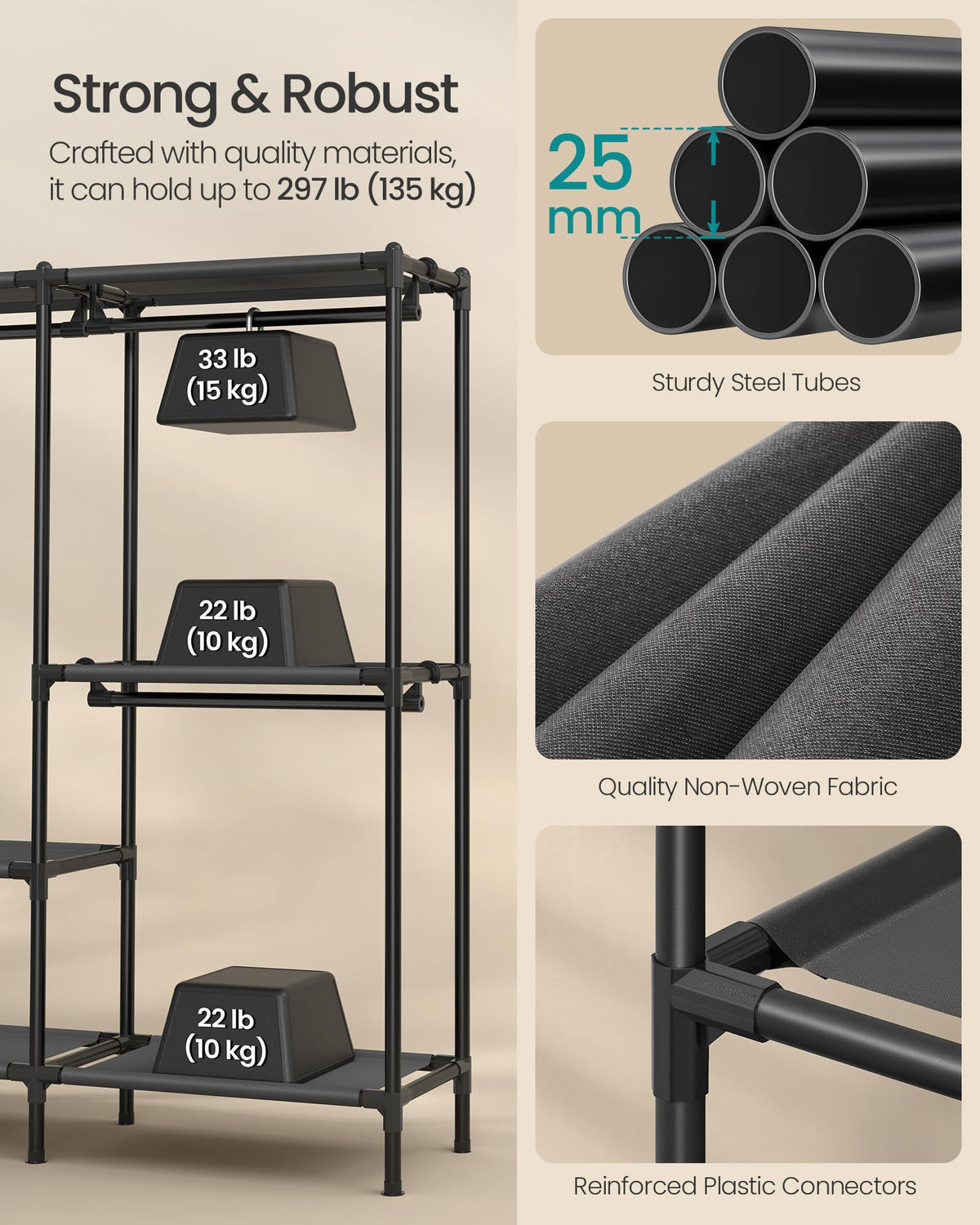 SONGMICS Clothes Rack, Portable Closet, Heavy-Duty Wardrobe Closet Organizer with Hanging Rails and