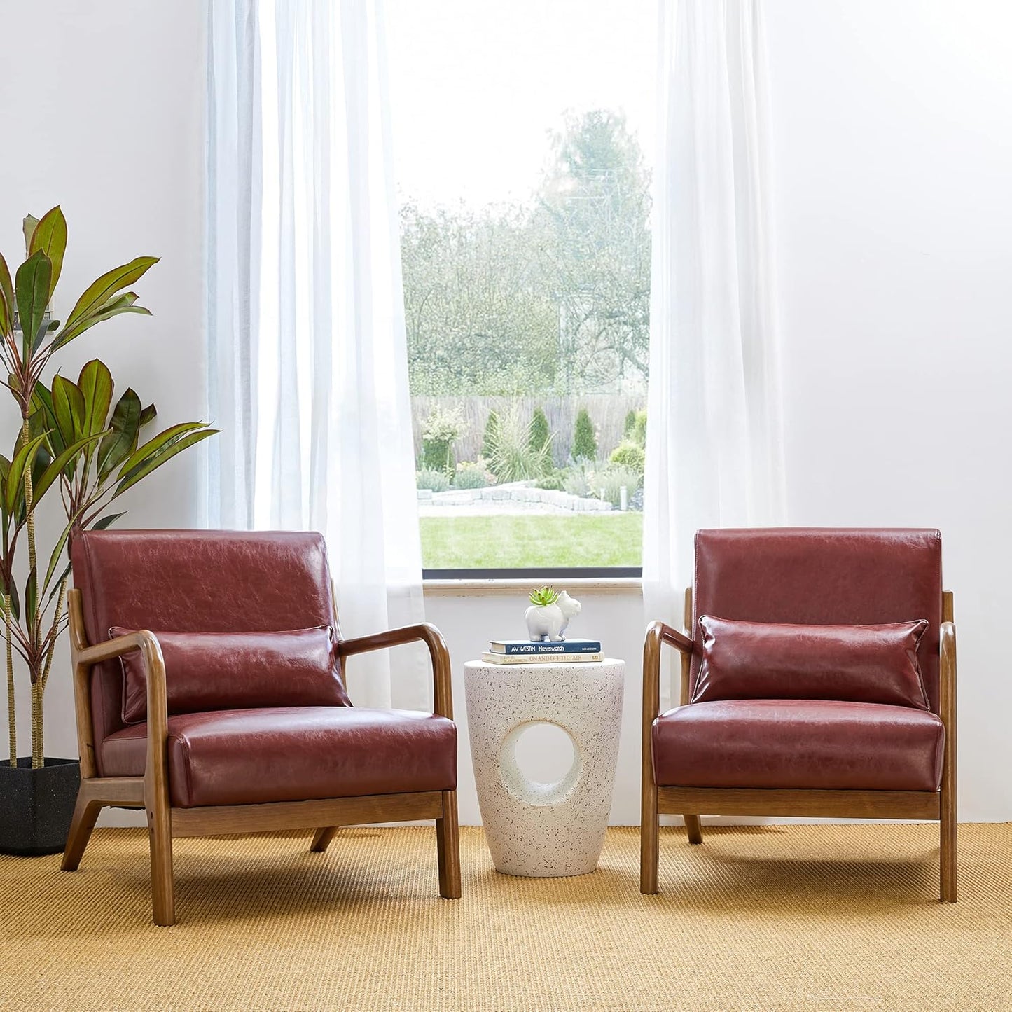 Glitzhome 2 Set Mid Century Red Accent Armchair, Single Reading Armchair PU Leather Lounge Chair
