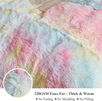 XeGe Plush Faux Fur Rainbow Throw, Tie Dye 50x60 Shaggy Furry Blanket, Fluffy Microfiber Velvet