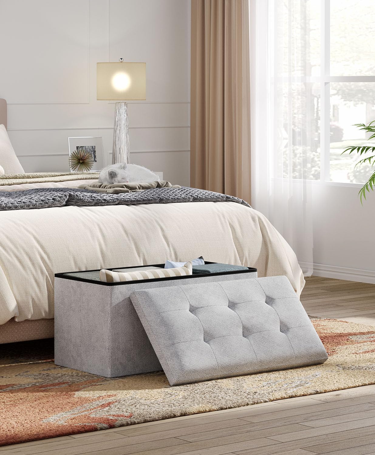 Storage Ottoman Bench, Folding Ottoman Foot Rest, 15 x 30 x 15 Inches, End of Bed Bench, Storage