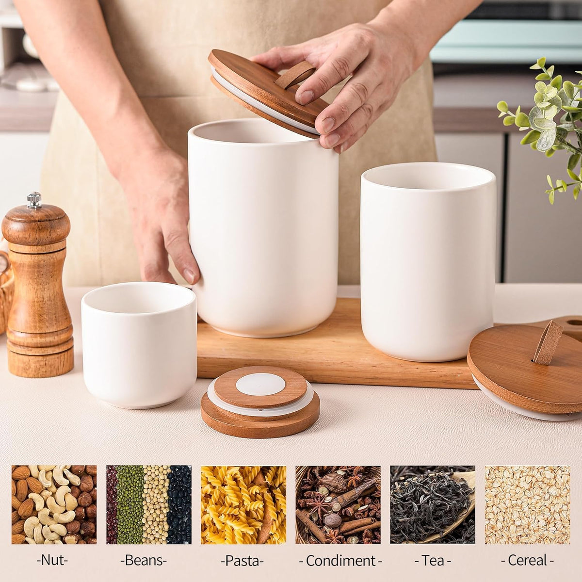 White Ceramic Canister Set with Bamboo Lids, 3-Piece Airtight Food Storage Jars for Kitchen