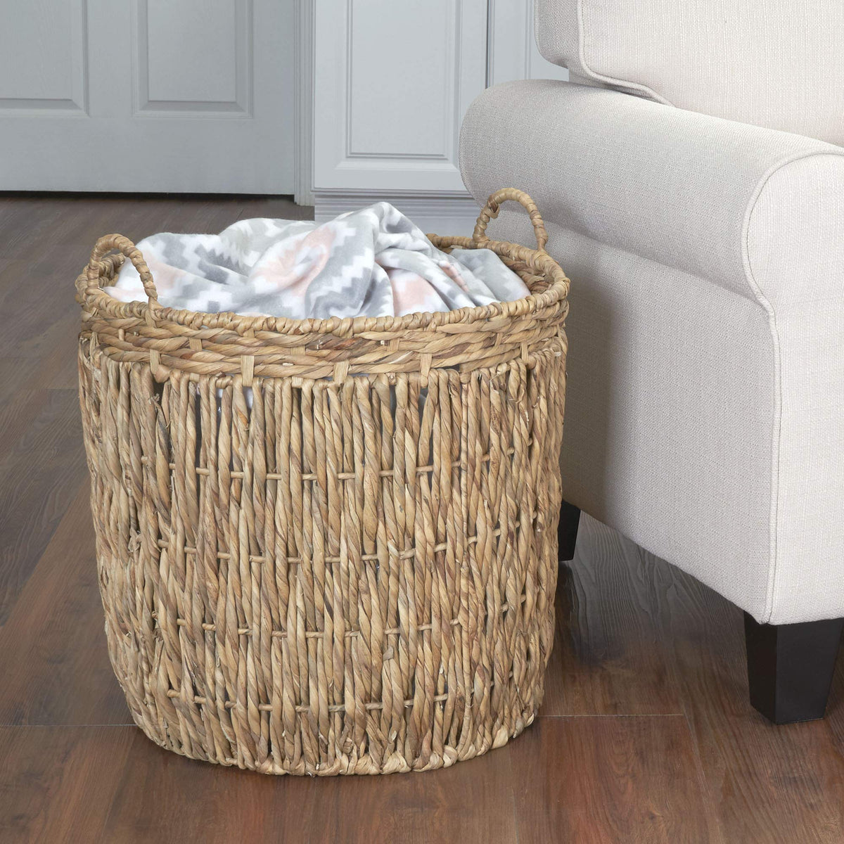 Household Essentials Tall Wicker Floor Basket, Woven Decorative Basket with Handles, Handmade