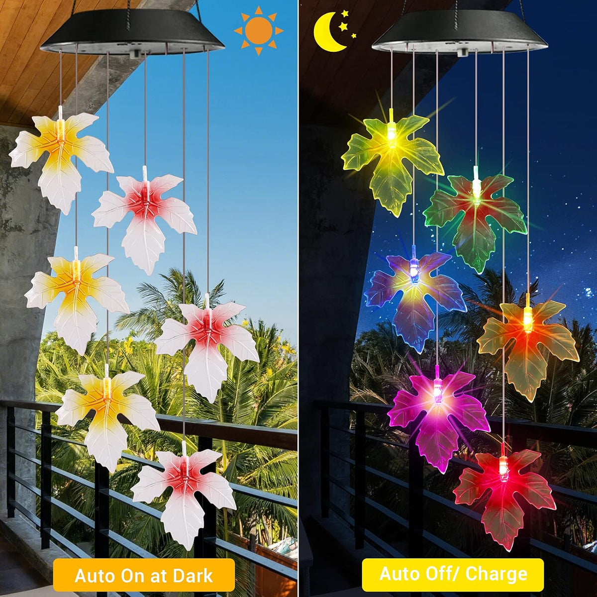 Toodour Solar Wind Chimes, Color Changing Maple Leaf Wind Chime, LED Mobile Wind Chimes, Waterproof