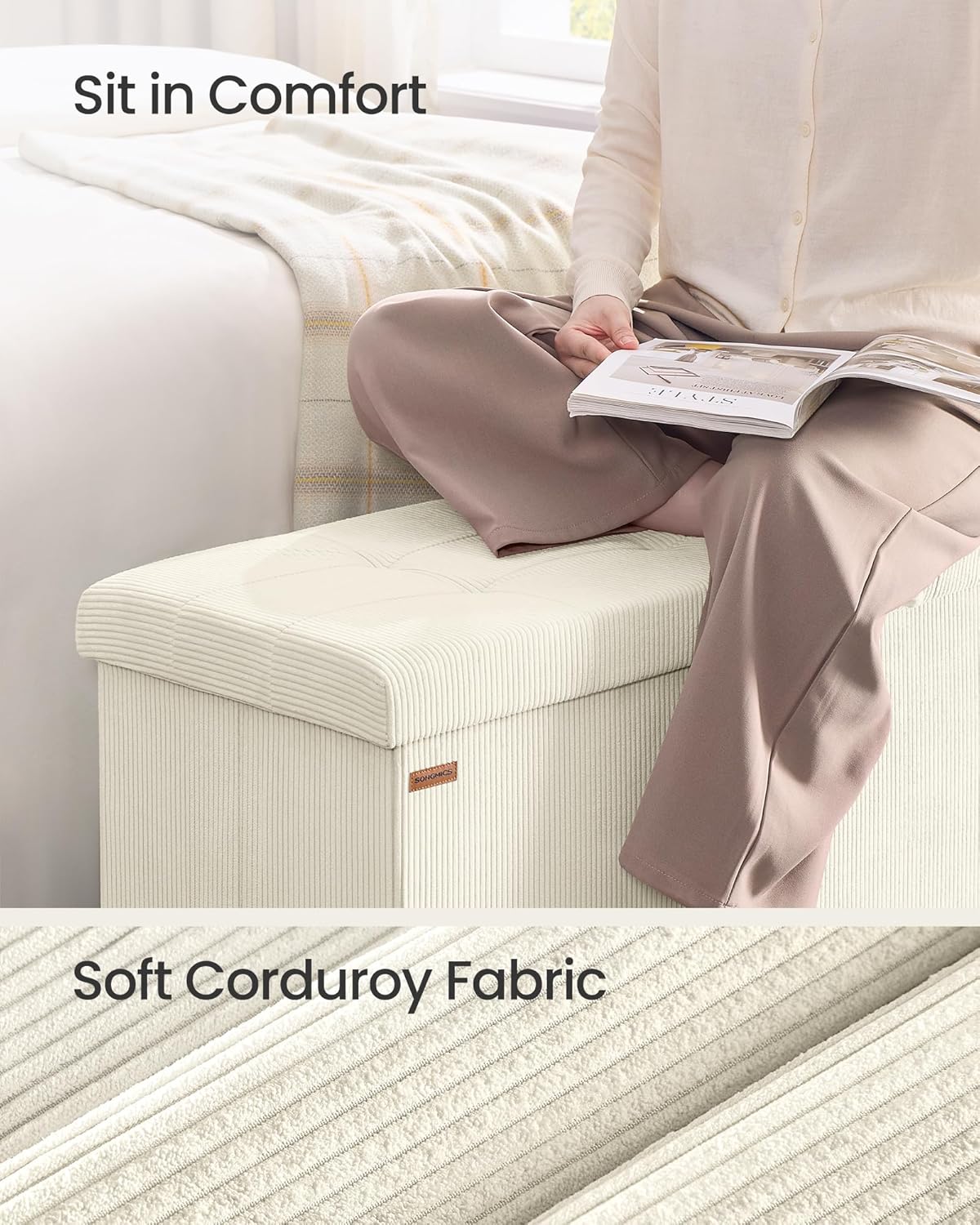 SONGMICS MAZIE Collection - Storage Ottoman Bench, Foldable Foot Rest, 15 x 43 x 15 Inches, End of